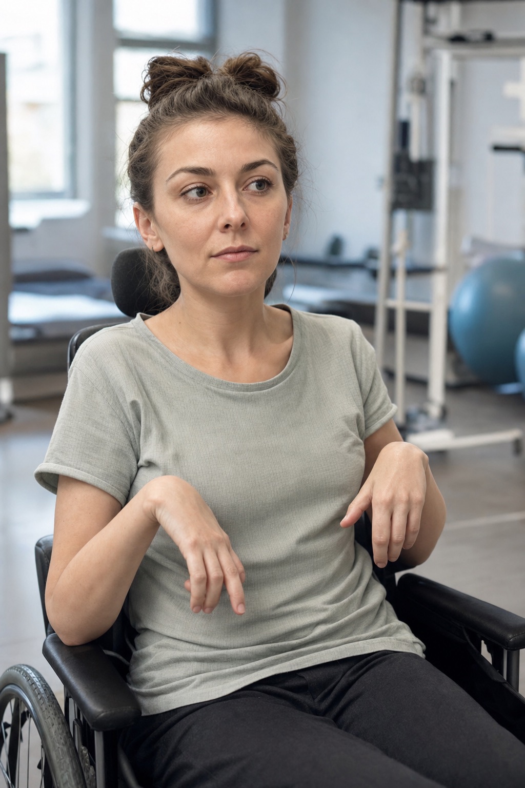 Ilustracyjny portret dorosłej pacjentki w gabinecie rehabilitacji neurologicznej